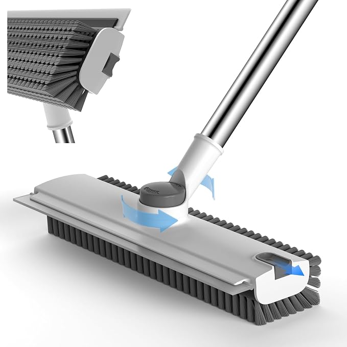 Pool Scrub Brush with 52" Pole, 3 in 1 Pool Cleaning Brush with Squeegee, Floor Scrub Brush with Long Handle, Deck Brush for Swimming Pool Tile Wall Patio Concrete White