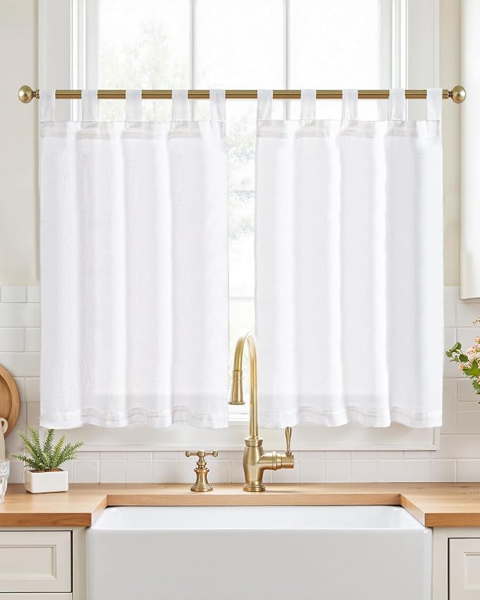 jinchan Linen Tier Curtains, Tab Top, 26x36, 2 Panels, Beige White | Light filtering, linen blend, farmhouse style, rustic decor, cafe curtain, kitchen, bathroom, laundry room, RV, small windows