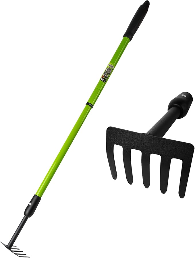 Small Garden Rake, 27-39" Telescopic Hand Cultivator | 5 Tine Metal Head, Adjustable Long Handle for Tight Spaces, Ergonomic Lawn Weeding Tool for Seniors Flower Beds Pots