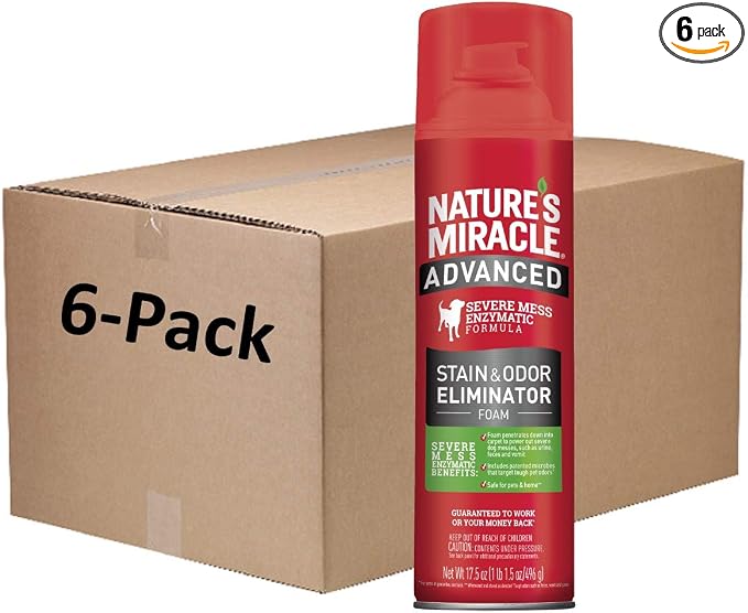 Nature's Miracle Advanced Dog Stain & Odor Eliminator Foam, 17.5 oz (6 Pk) | Enzymatic Cleaner Eliminates the Toughest Dog Messes, Foam Penetrates Into the Carpet, Safe For Pets and Home*, Fresh Scent