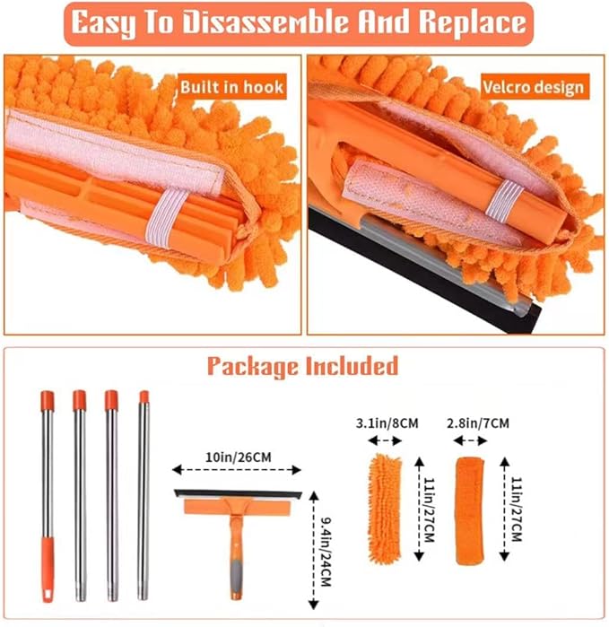 2-in-1 Window Cleaner Tool, 68'' Squeegee for Window Cleaning | Extension Pole, Scrubber with Rotating Head, Streak-Free Squeegee, Thickened Stainless Steel, In/Outdoor Washing Equipment