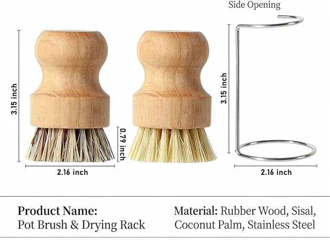 BoAn Bamboo Dish Brush Set with Holder, Natural Kitchen Dish Scrub Brushes with Drain Rack, Dual Bristles for Pots & Dishes, Fast Dry Design with Bonus Magic Cleaning Sponge
