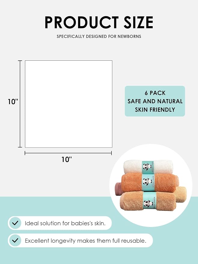 HIPHOP PANDA Baby Washcloths, Rayon Made from Bamboo - 2 Layer Ultra Soft Absorbent Newborn Bath Face Towel - Reusable Baby Wipes for Delicate Skin - Blush and Mocha, 6 Pack