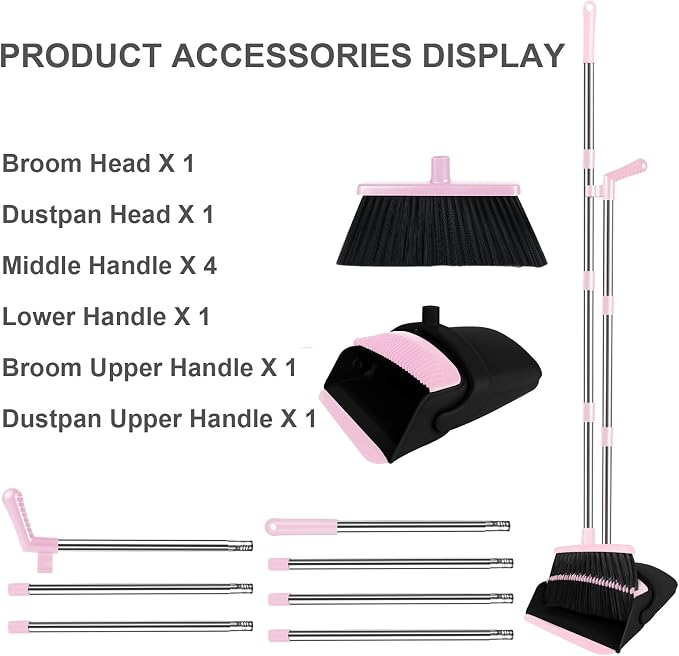 Pink Broom with Dustpan Combo Set, 51" Long Handle Household Cleaning Tool, Ideal Broom and Dustpan Set for Pet Hair and Home Use