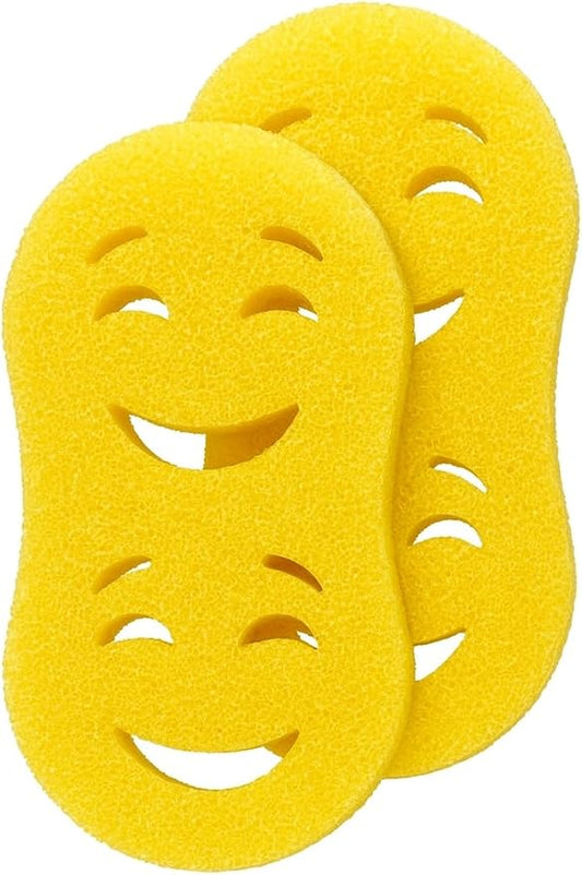 Smilyeez Double-Size Scrub Moji Sponge 2-Pack – Dual Smiling Faces, Temperature-Responsive Scrubber – Scratch-Free, Odor & Stain Resistant – Yellow