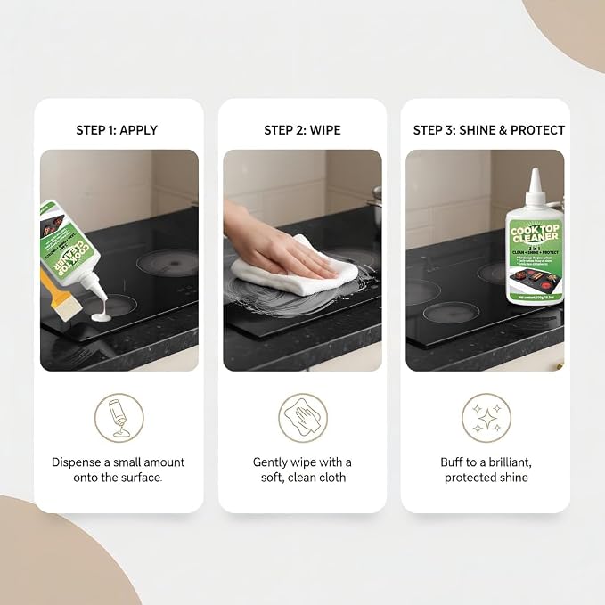 Glass Cooktop 3-in-1 Cleaner Kit, Removes Grease & Burnt-On Food, Safe for Gas, Induction, Electric Cooktops & Air Fryers, Stove Top Polish and Shine, Multi-purpose Cleanser (300g) (1)