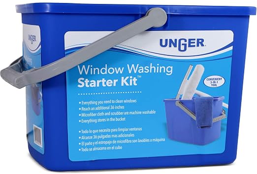 Unger - 978902 Window Washing Starter Kit with 2-in-1 Microfiber Combi, Collapsible Pole, Microfiber Cloth, and Bucket