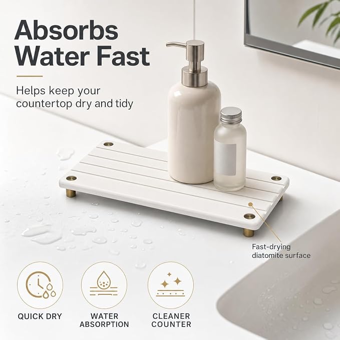 Razborci Instant Dry Sink Caddy Kitchen Sink Organizer, Quick Drying Stone Tray Diatomite Sponge Holder Soap Dish, Bathroom Countertop Fast Dry Water Absorbing Vanity Rack, Gold White, 12" x 5"