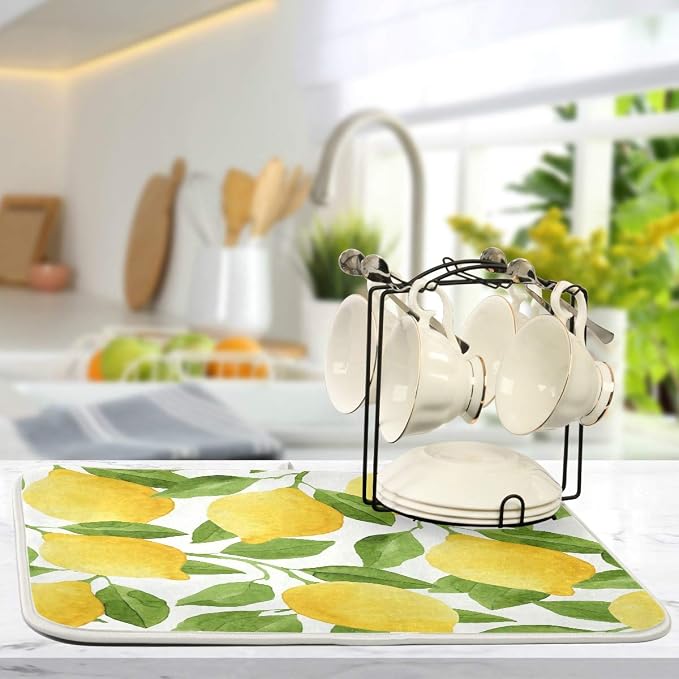 Lemon Yellow Tree Dish Drying Mat for Kitchen, Absorbent Microfiber Drying Pad Dish Mat, 16" X 18"