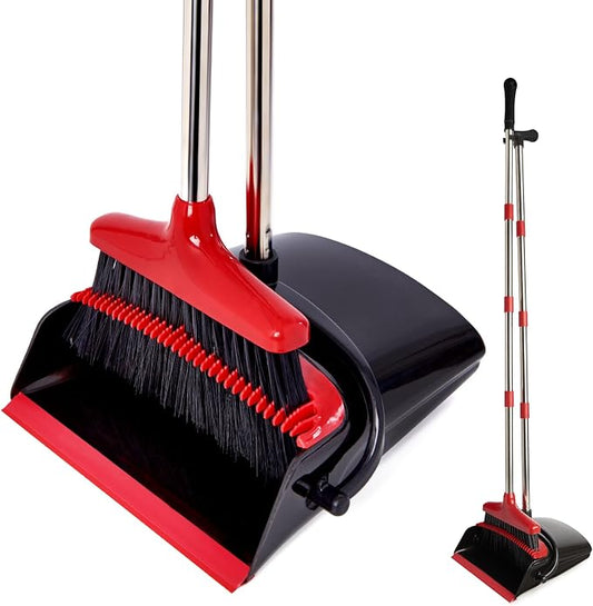 Broom and Dustpan Set,54.72"Long Handle,Standing Dustpan,Black&Red | Light Weight Stainless Steel Poles,Upright Dustpan with Broom Combo,for Home Kitchen Office Pet Dog Hair