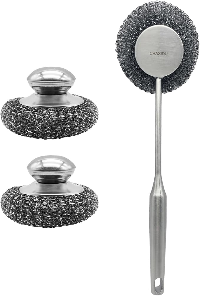 Stainless Steel Wool Scrubber Set, Long HandleBrushes for Pots, Pans, Grills & Cutlery Cleaning (3 Pack)