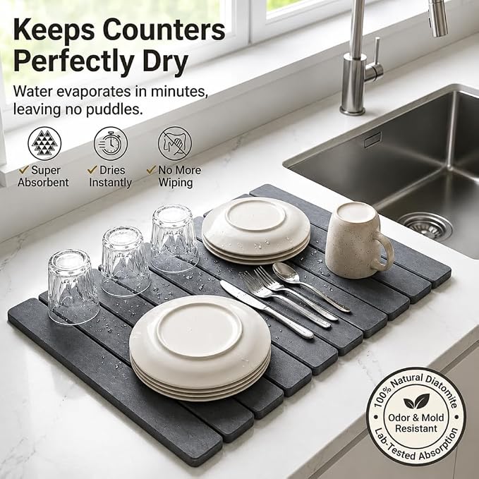 Stone Dish Drying Mat for Kitchen Counter, Large Quick Dry Diatomaceous Earth Stone Drying Mat, Foldable Water Absorbent Dish Drying Mat for Dishes, Cups, Bottles, Kitchen Sink & Countertop (Grey)