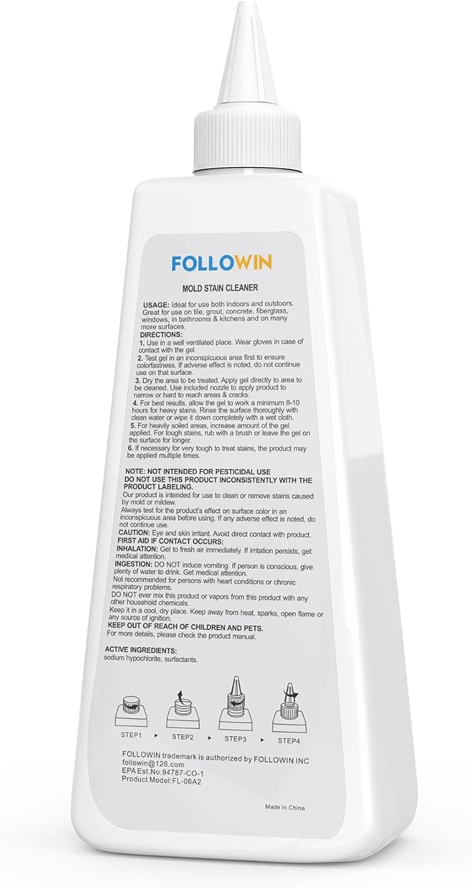 FOLLOWIN Mold and Mildew Remover Gel, Household Stain Cleaner for Washing Machine Seal, Bathroom Grout, Shower Tile, Kitchen Sink, Silicone Caulk - Non-Drip, Deep-Penetrating Formula, 16 oz