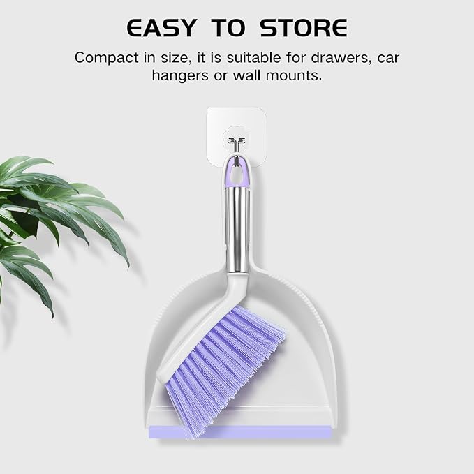 NACENA Mini Broom and Dustpan Set 2 Packs, Small Dust Pan and Brush Set with Handle Dustpan Teeth for Cleaning Hair Suitable for Office Desks Drawers Sofas Outdoor Camping, Light & Purple