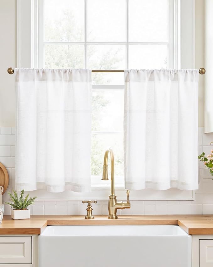 jinchan Modern Linen Rod Pocket Tier Curtains, 26x30, 2 Panels, White | Light filtering, cafe curtains, machine washable, farmhouse, kitchen, bathrooms, laundry, small window, over sink