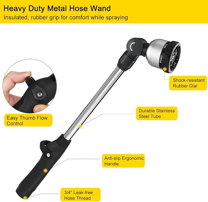FANHAO Garden Hose Wand Heavy Duty, 16 Inches Metal Watering Wand with 8 Spray Patterns, 180° Rotating Long Hose Nozzle Sprayer Wand with Thumb Flow Control for Watering Hanging Baskets and Shrubs