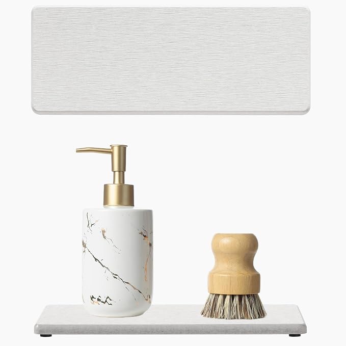 2PCS Beige Bathroom Sink Vanity Trays, Water Absorbing Diatomite Stone Drying Soap Dish Dispenser for Kitchen Counter, Sponge Holder Mat Rack Faucet Splash Guard Caddy Organizer, 9"x3.5"