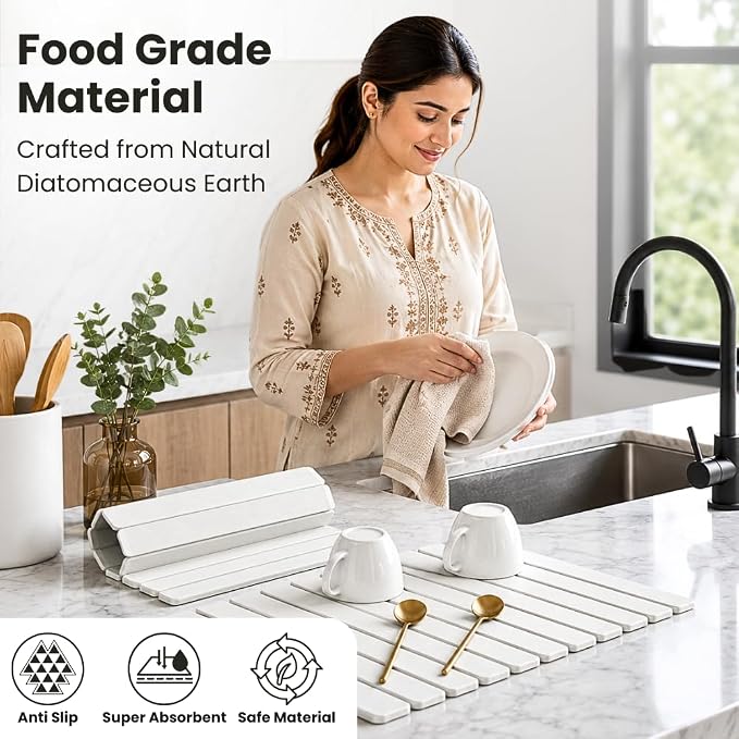 Stone Dish Drying Mat for Kitchen Counter, Large Quick Dry Diatomaceous Earth Stone Drying Mat, Foldable Water Absorbent Dish Drying Mat for Dishes, Cups, Bottles, Kitchen Sink & Countertop (White)