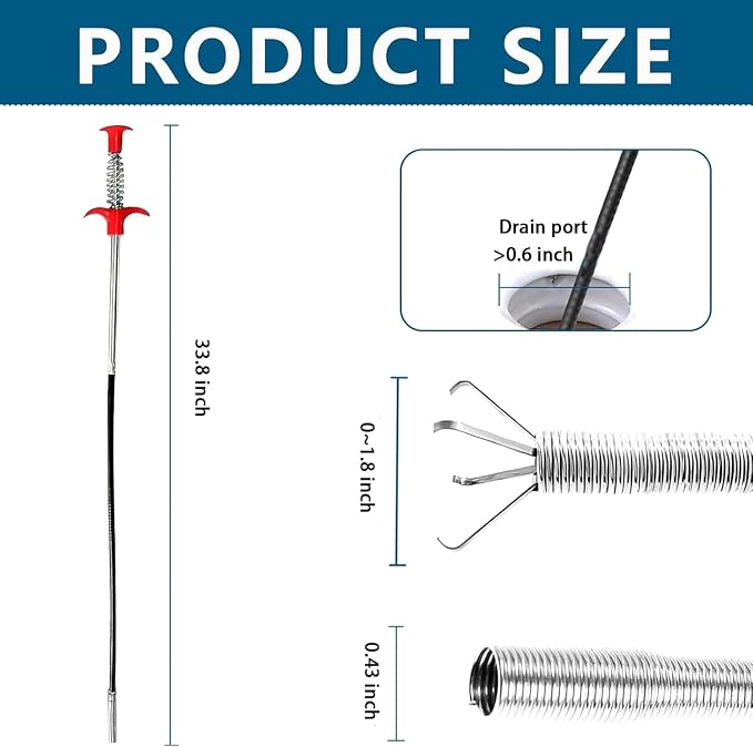 33-Inch Toilet Snake, Flexible Grabber Claw for Sink, Shower, Tub