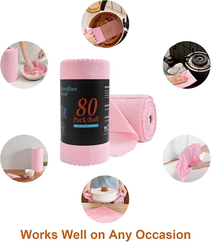 80 Pack Microfiber Cleaning Cloth Roll,Lint Free Rags & Tear Away Reusable Towels Washable Scratch,Ultra Absorbent Dish Rags(12" x 12") for Car Kitchen Home Garage-Pink
