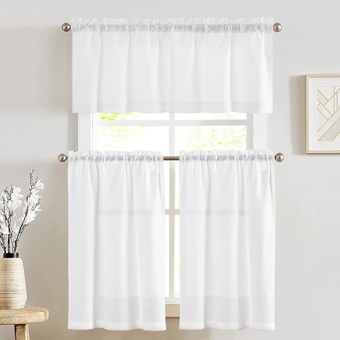 jinchan Lien Tier Curtains and Valances, 26x36, 3 Panels, Beige White | Light filtering, rod pocket, cafe curtains, farmhouse, machine washable, small window decor, bathroom, laundry room, RV