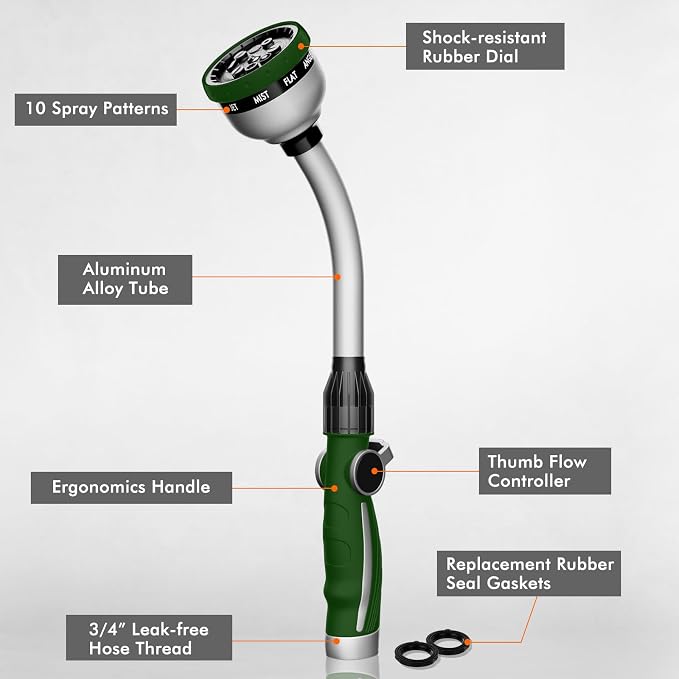 RESTMO Watering Wand Heavy Duty, 15-Inch Long Hose Nozzle Sprayer | 10 Spray Patterns & Thumb Flow Control, Metal Garden Hose Wand for Water Hanging Baskets and Shrubs, Green