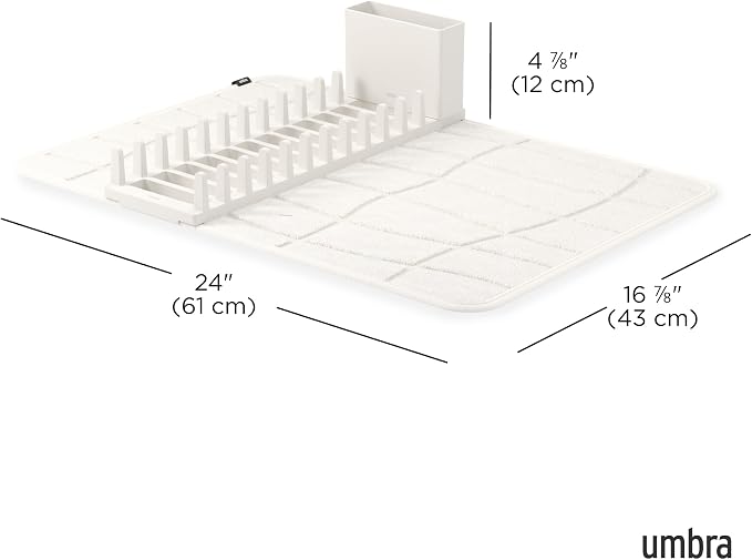 Umbra UDry Dish Drying Rack with Mat – Kitchen Countertop Dish Drainer & Absorbent Microfiber Drying Mat, Foldable Dish Rack Organizer for Plates, Cups & Utensils, Sand
