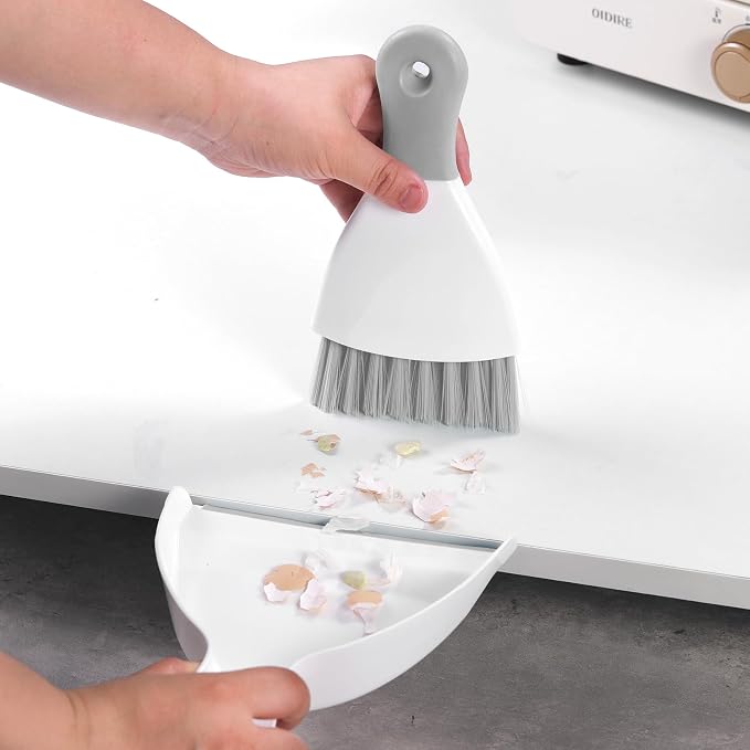NACENA Mini Dustpan and Brush Set 2 Pack, Small Broom and Dustpan Set Dust Pan and Mini Hand Broom Dustpan and Broom Combo Compact for Home Table Keyboards Sofa Kitchen, White & Gray