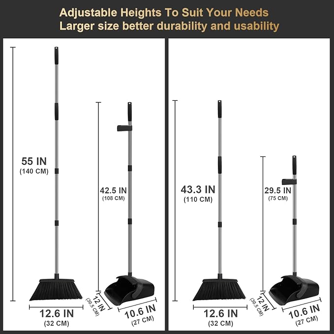 Upgraded Broom and Dustpan Set, 55" Long Handle Black Large Broom with Dustpan Combo Set，Self Cleaning Dustpan for Lobby Kitchen Office Restaurant
