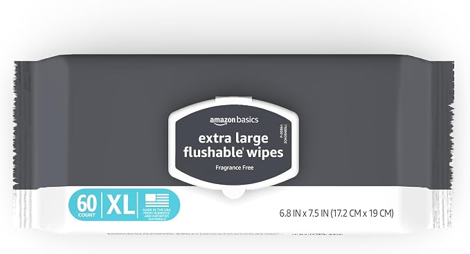 Amazon Basics Extra Large Flushable Wipes, Fragrance Free, pH Balanced, with Vitamin E & Aloe, 60 Count, 3-Pack