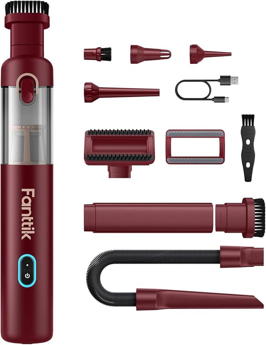 Fanttik Slim V8 APEX Car Vacuum, 4-in-1 Portable Mini Cordless Vacuum with 19000pa Suction Power for Pet Hair, Type-C Charge, One-Touch Empty for Car, Office Desk, Keyboards (Red)