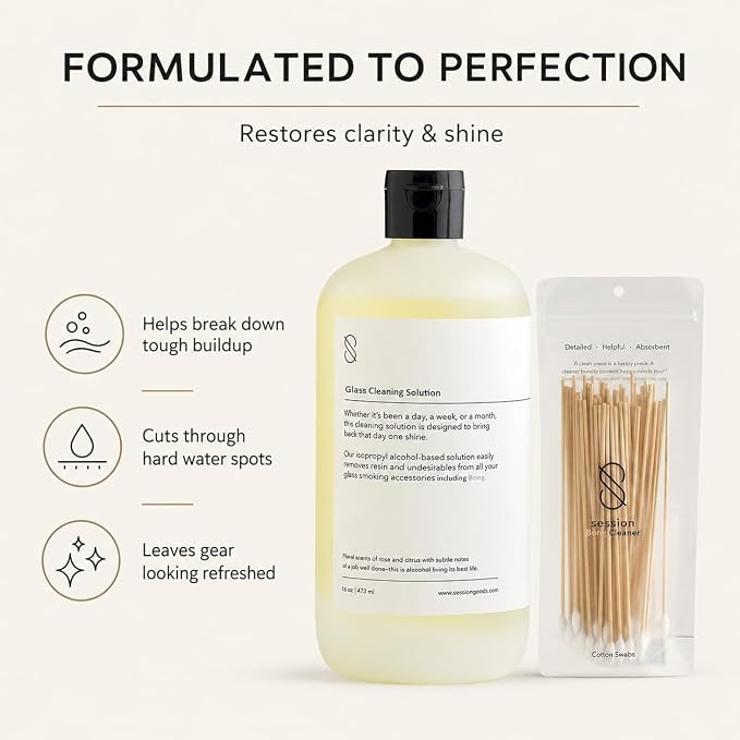 Session Goods Glass Cleaning Solution 16Oz Scented Pack of 2 | Water Pipe Cleaner with Cotton Swabs, Pipe Cleaner Cleans Glass, Silicone, Metal, & Resin Cleaner, Wax, Oil & Stinky Debris