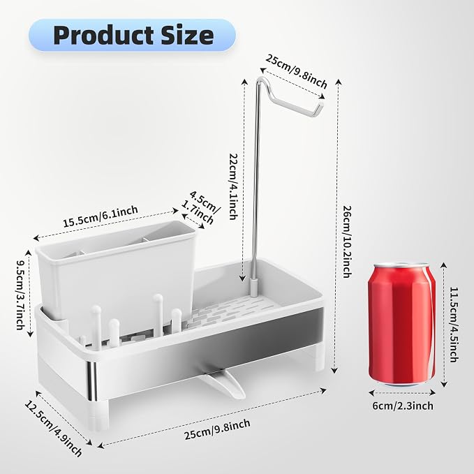 Ewaiira Sponge Holder for Kitchen Sink, Stainless Steel Sink Caddy with Brush Holder & Dishcloth Rack, Countertop Sink Organizer, Soap Dispenser Kitchen Organizers Storage Essentials (E-White 9.8″)