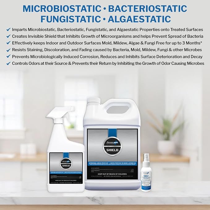 PermaSafe SHIELD 90-Day Antimicrobial Surface Protectant Spray | Long-Lasting, Multi-Surface Protection Against Growth & Spread of Bacteria, Mold, Mildew, Fungi & Algae | Indoor & Outdoor Use - 32 Oz