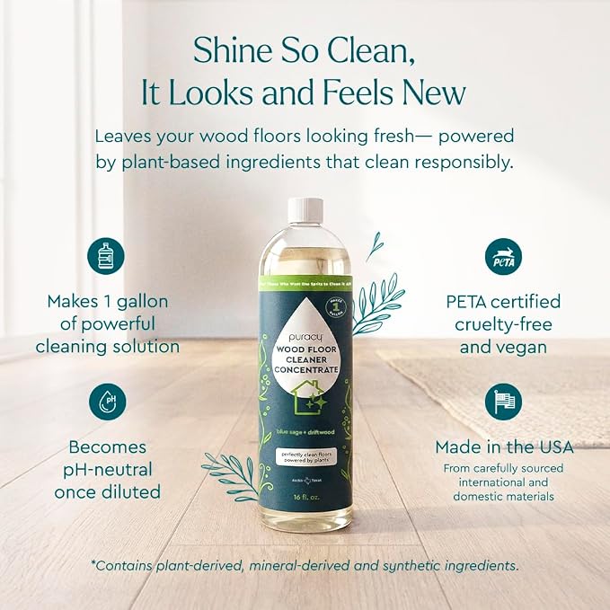Puracy Wood Floor Cleaner Concentrate - pH Neutral Plant-Powered Hardwood All Purpose Cleaner - Residue-Free Non-Sticky Cleaning Solution As Seen on TikTok (Blue Sage & Driftwood, 16 fl oz)