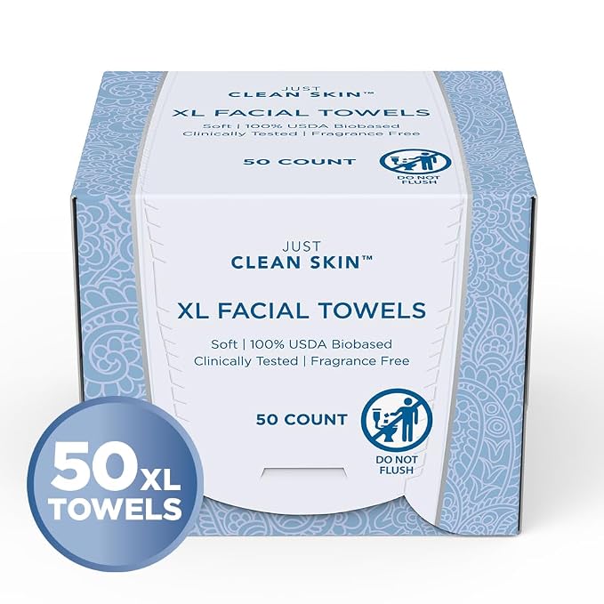 XL Dry Face Wipes (50 Ct, 1 Pack), Ultra-Absorbent Plant-Based Facial Towels, Disposable Makeup Remover Wipes for Face, No Fragrance, Hypoallergenic, 100% USDA Biobased, NEA Accepted
