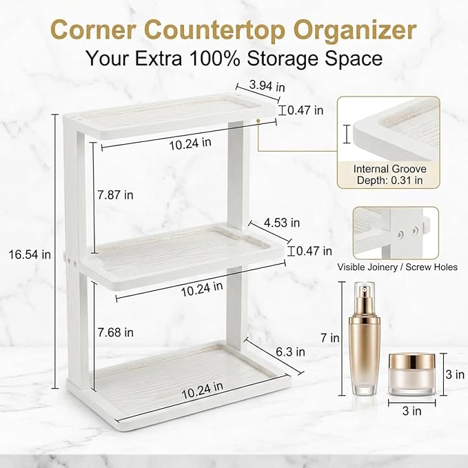 PEKER Bamboo Bathroom Organizer Countertop – Vanity Storage Shelf for Makeup, Perfume, Skincare – Natural Cosmetics Display Rack for Dresser, Sink, Kitchen – White