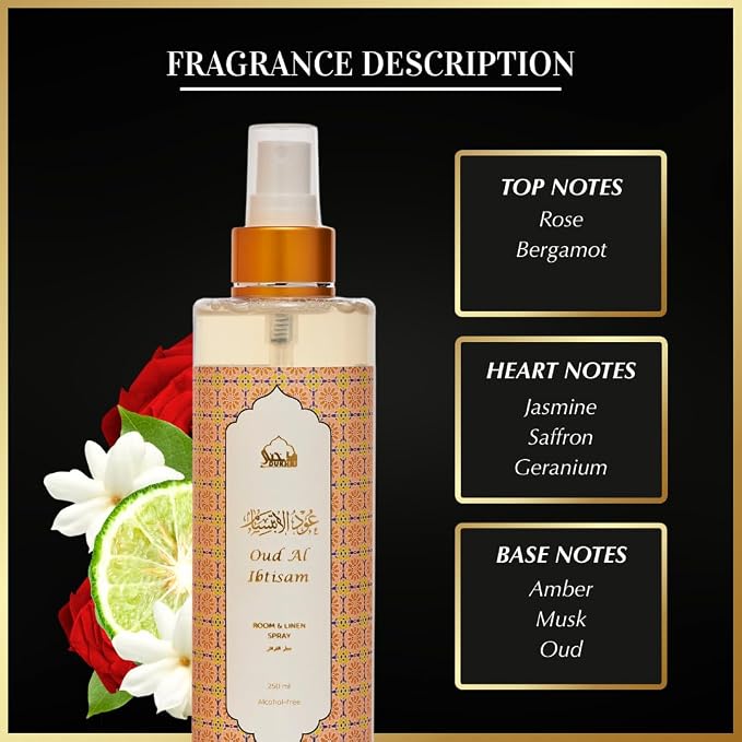 Oud Al Ibtisam Rose Spray by Dukhni | 250ml Arabic Oud Air Freshener | Rose and Oud Spray for Home, Prayer Mats, Bed, Linen, Sofa, Living Room, Curtain, Car | Room Air Freshener, Odour Eliminator