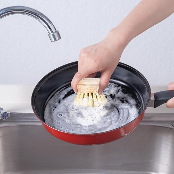 Bamboo Dish Brush with Handle - Soft Bristle Plastic Free Potato Scrubber Brush Compostable & Sustainable Produce Brush for Dishes Pots and Pans