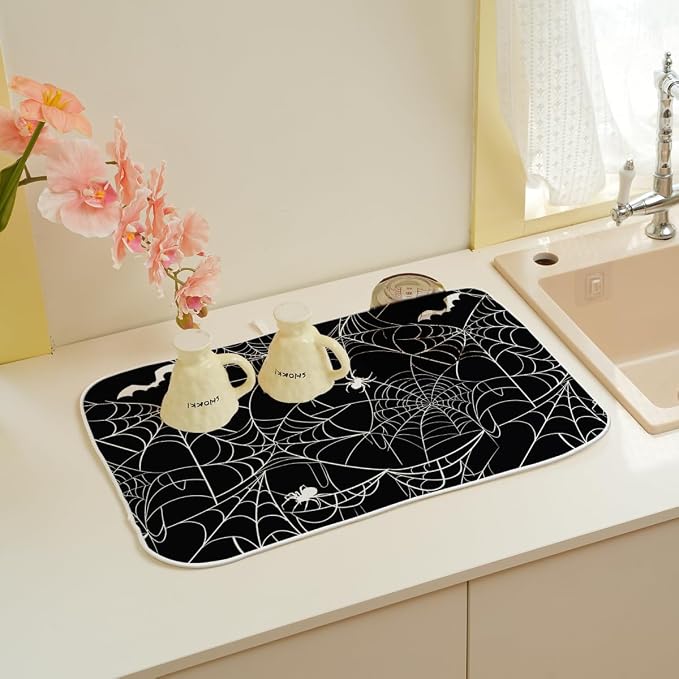Halloween Dish Drying Mat 18 x 24 Inch Bat Spider Web Drying Mat for Kitchen Counter Absorbent Spiders Black Dishes Dry Pad for Drainer Rack Kitchen Fast Dry