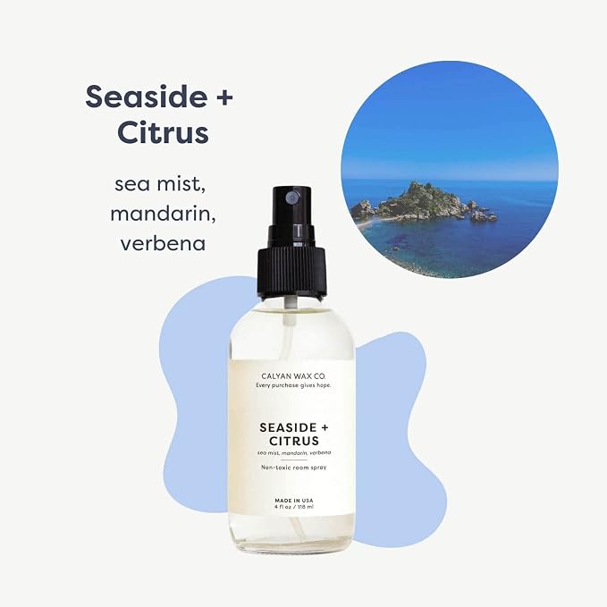Calyan Wax Co. Seaside & Citrus Room Spray - Clean Air Freshener - Natural Room Deodorizer - Air Freshener Spray for Home - 4 fl oz | Long Lasting Clean Air Freshener - Room Spray for Luxurious Home Fragrance - Bedroom, Bathroom & Car Spray - 4 fl oz