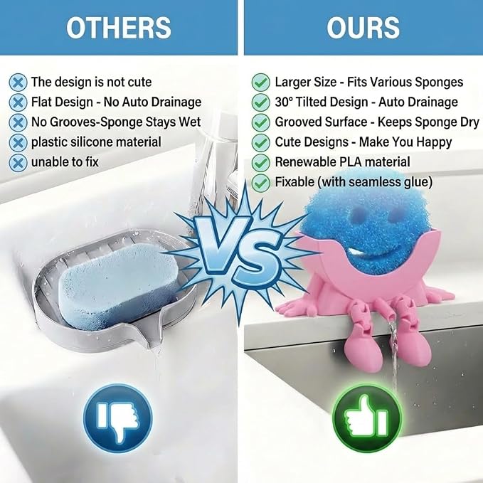 Creative Drainage Sponge Holder: Traceless Glue, 3D Printed Funny Kitchen Sink Holder, Keeps Sponge Dry – for Scrub Daddy (1, Pink)