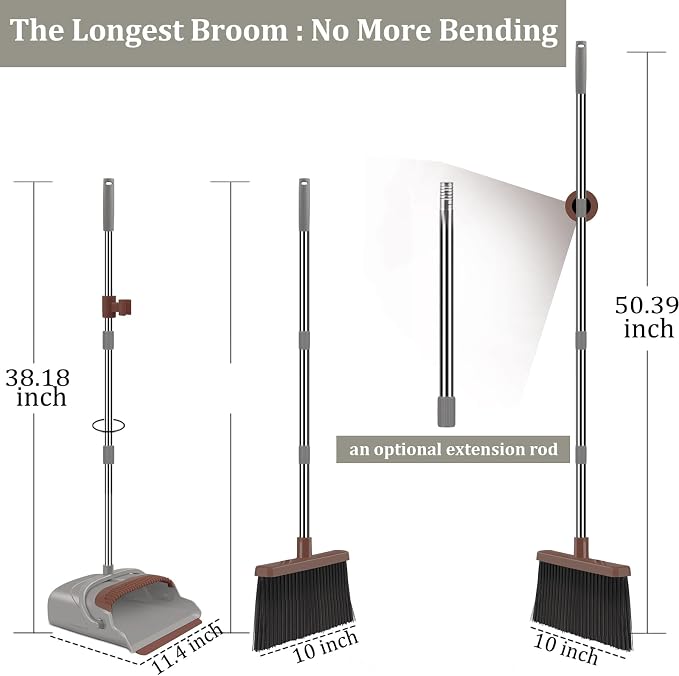 Upgrade Broom and Dustpan Set, Self-Cleaning with Dustpan Teeth, Ideal for Dog Cat Pets Home Use, Super Long Handle Upright Stand Up Broom and Dustpan Set (Brown)