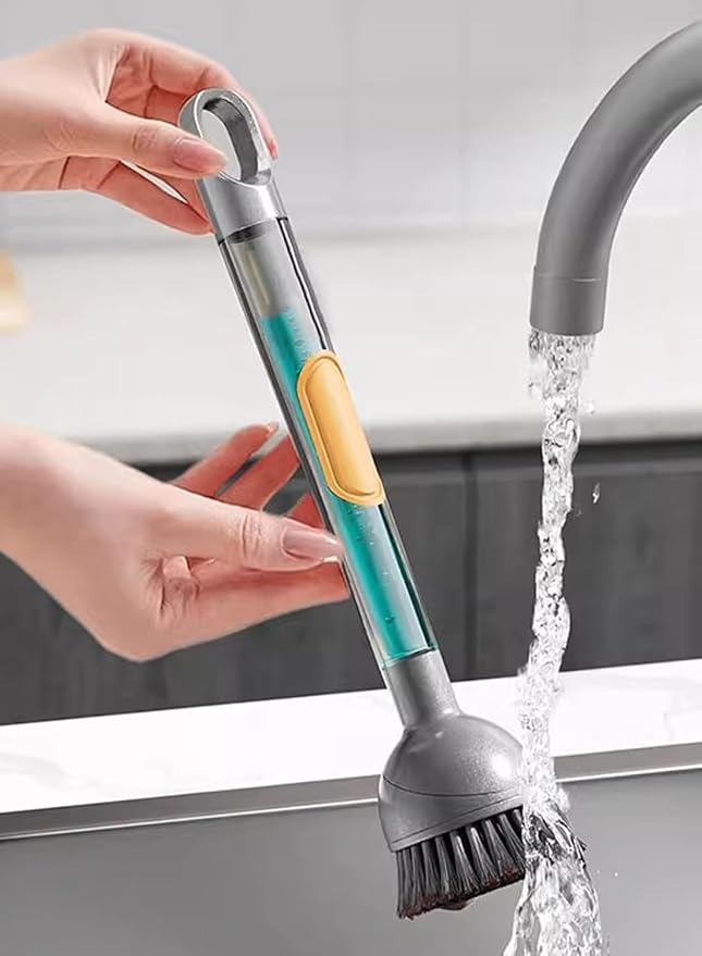Soap Dispensing Dish Brush with Handle, 360° Rotating Head, 5-Piece Kitchen Cleaning Set (2 Brush Heads & 3 Sponges), Non-Scratch Scrubber for Pot, Pan, Sink, Leak-Proof Dishwand, Grey