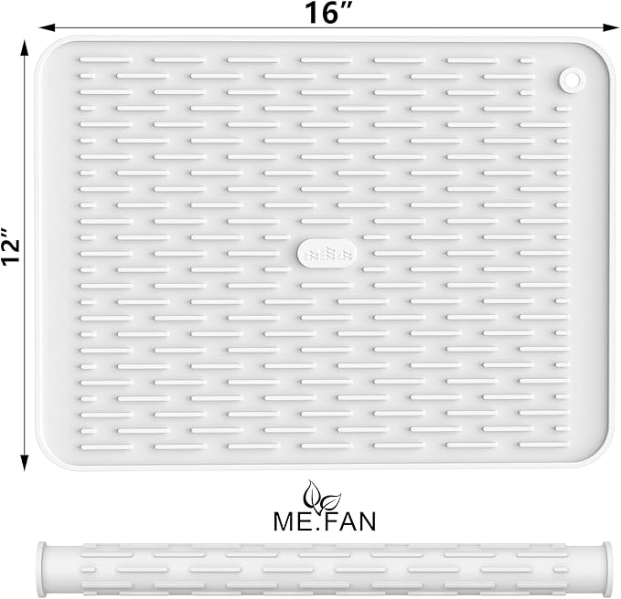 ME.FAN Silicone Dish Drying Mat for Kitchen Counter, Dish Drying Pad for Sink, Refrigerator or Drawer, Countertop Protection Pad M - 16''×12'' - White