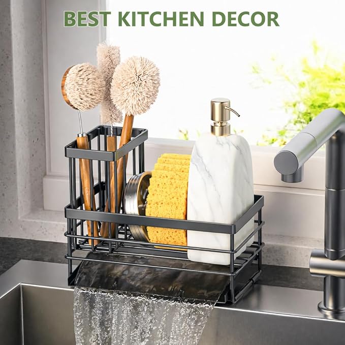Cisily Sink Caddy Sponge Holder for Kitchen with Brush Holder and Stainless Steel Self Drain Tray, Rustproof Kitchen Sink Organizer for Sponge, Soap Dispenser Storage Accessories
