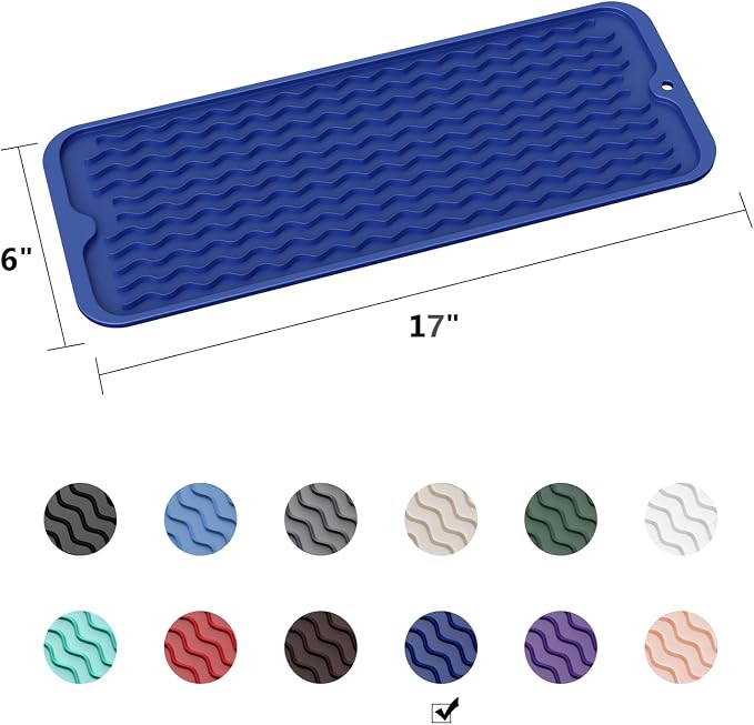 ZLR Small Dish Drying Mat (6" x 17" / 153 x 433mm) - Narrow Silicone Drainer for Kitchen Counter, Apartment & RV - Compact Sponge Holder & Sink Caddy Tray, Non-Slip Food-Grade Silicone (Midnight Blue)