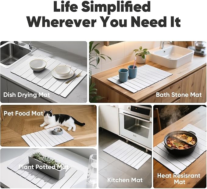 Stone Drying Mat for Kitchen Counter, Quick Diatomaceous Earth Mats for Dishes, 24"L x 16" W Super Absorbent Fast-Drying Collapsible Countertop Stone Mat (White, 24" x 16")