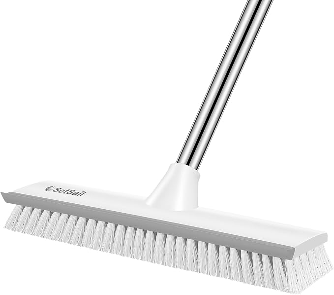 SetSail 12-in Wide Floor Scrub Brush with Long Adjustable Handle Brush | 2 in 1 Scrape Brush Stiff Bristle Floor Scrubber for Cleaning Shower Bathroom Garage Kitchen Wall Deck Tub Tile