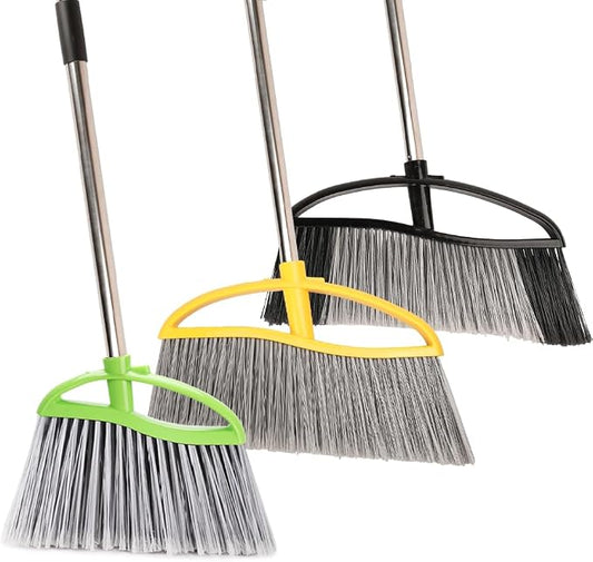 3 Pack Wide Heavy Duty Angle Broom - Stiff Bristle Outdoor Brooms for Sweeping Patio, Garden, Garage, Yard (Black, Yellow, Green)